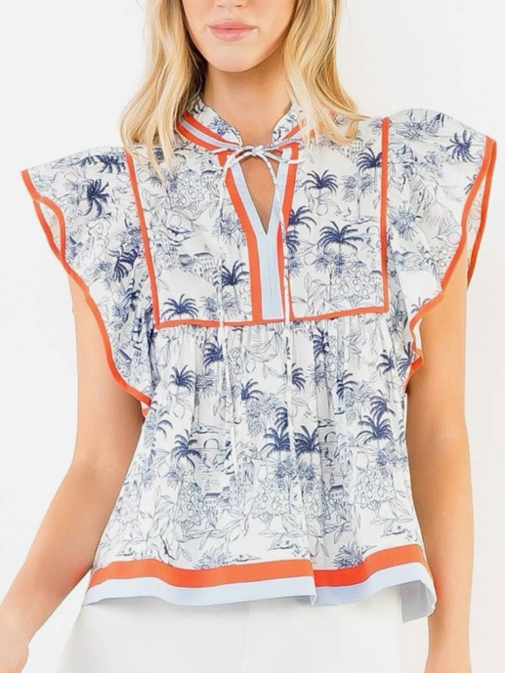 THML White & Blue Printed Flutter Sleeve Top with Orange Trim. SALE !!! - Picture 4 of 5